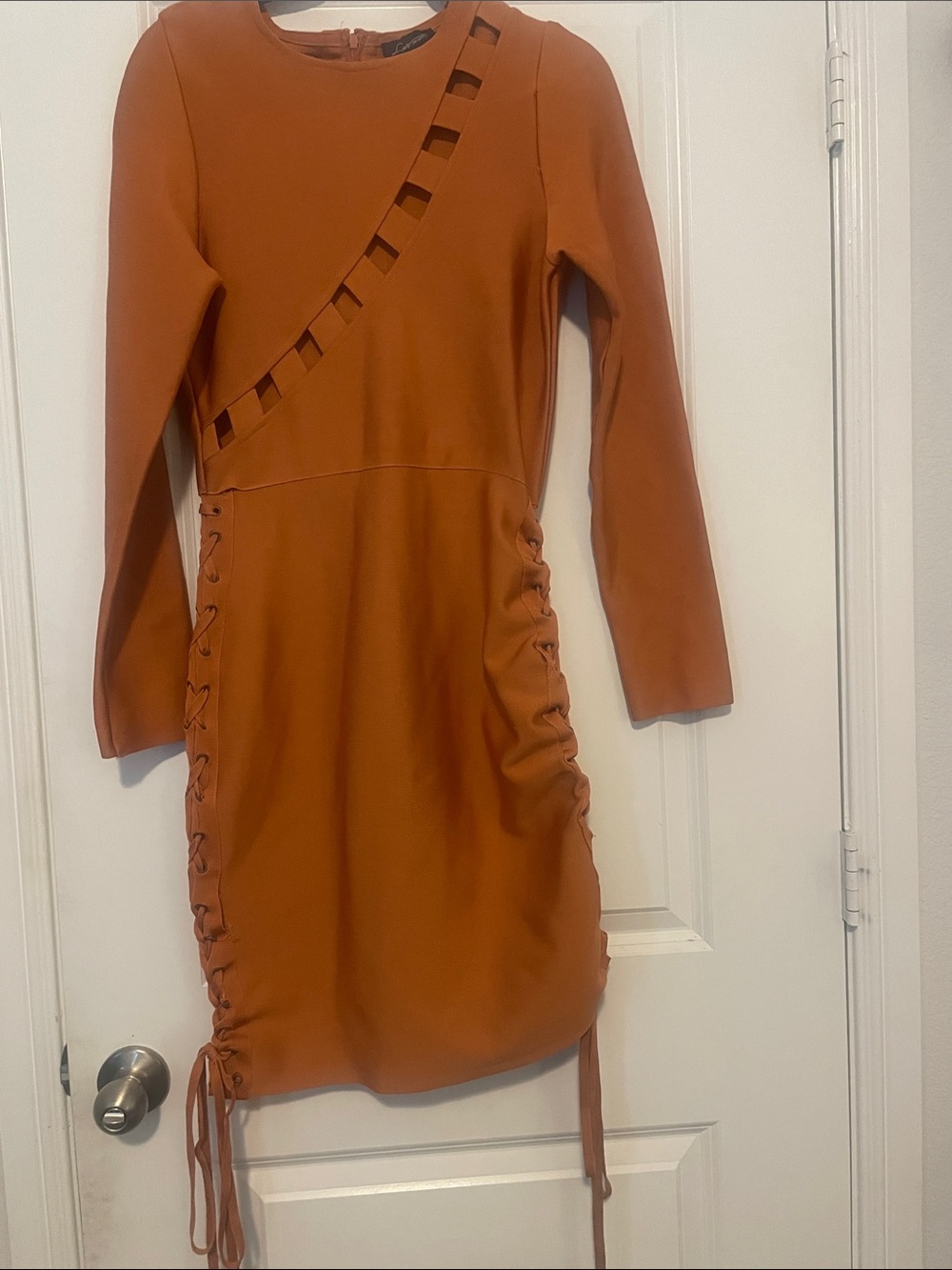 Women's Rust Orange Lace-Up Long Sleeve Dress